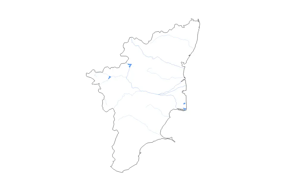 Outline map of Tamil Nadu, India with subdivision borders and major lakes and rivers.