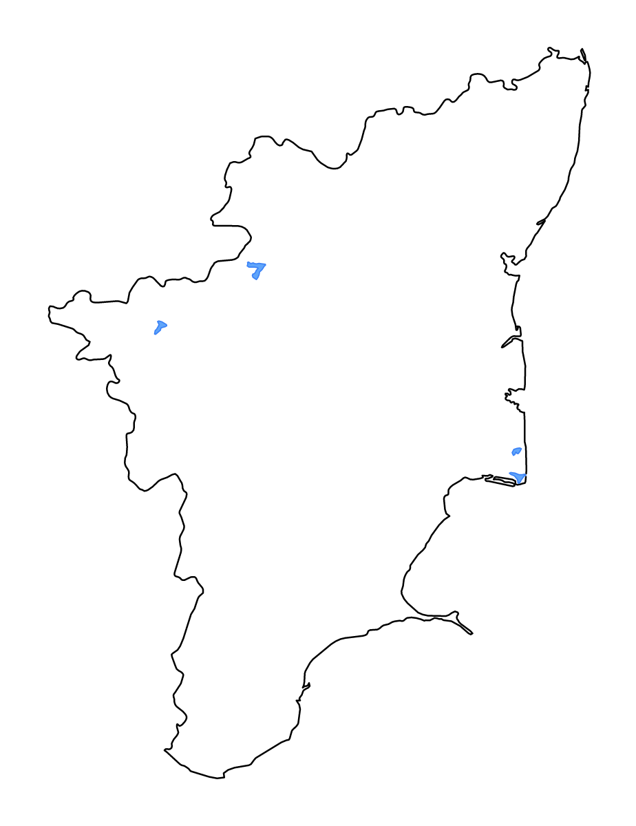 Carte de contour de Tamil Nadu, India avec lacs et rivières.