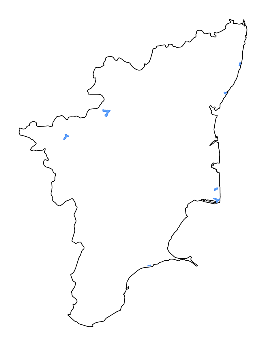 Mapa de contorno de Tamil Nadu, India con lagos y ríos.