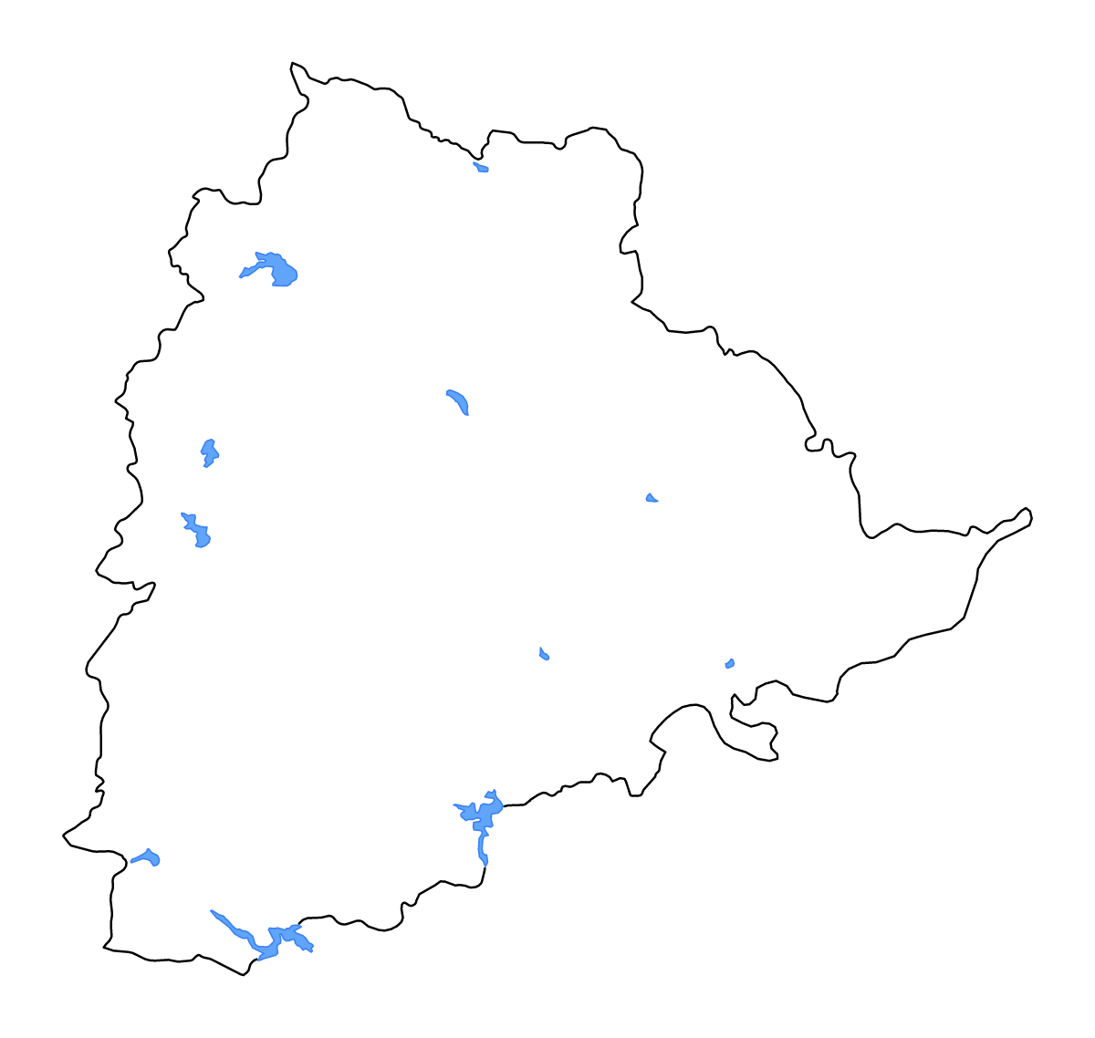 Mapa de contorno de Telangana, India con lagos y ríos.
