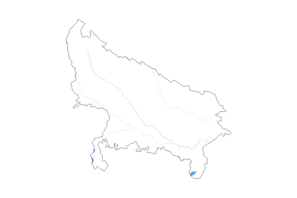 Outline map of Uttar Pradesh, India with subdivision borders and major lakes and rivers.