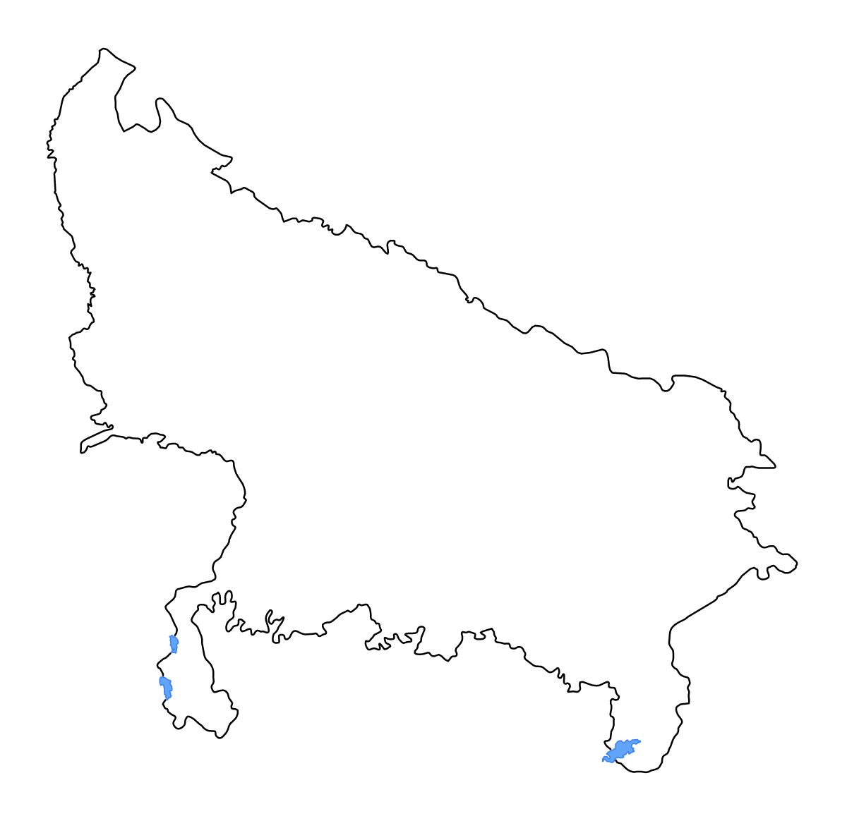 Carte de contour de Uttar Pradesh, India avec lacs et rivières.