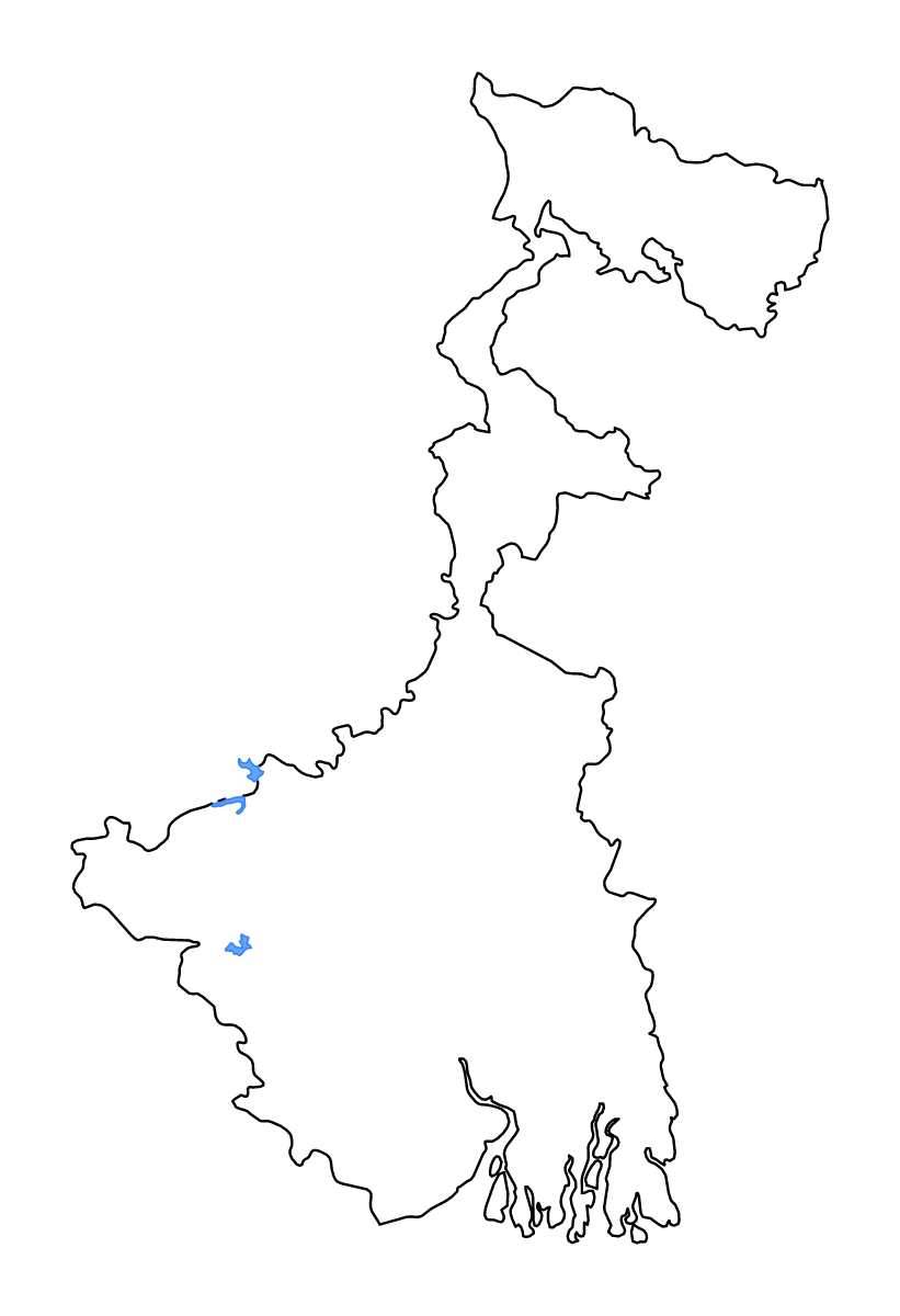 Mapa de contorno de West Bengal, India con lagos y ríos.