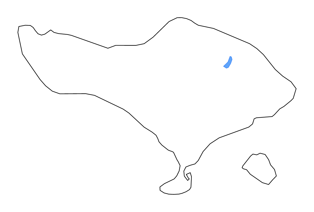 Mapa de contorno de Bali, Indonesia con lagos y ríos.