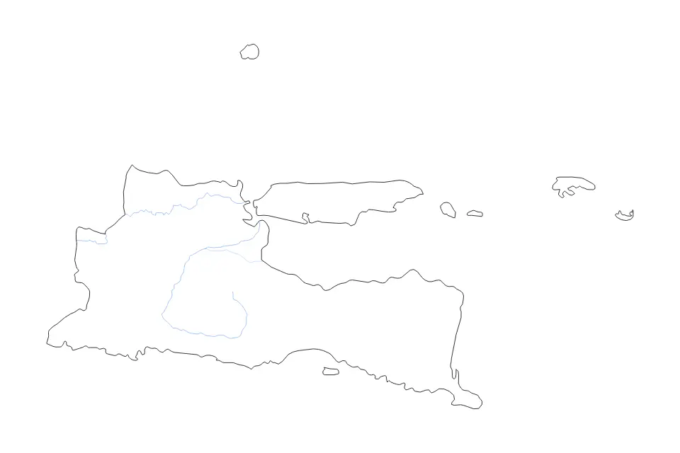 Outline map of East Java, Indonesia with subdivision borders and rivers.
