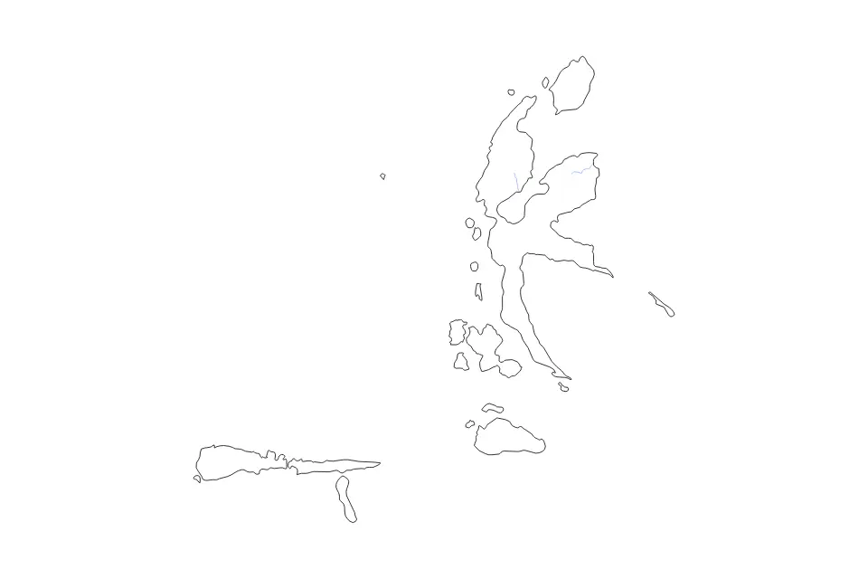 Outline map of North Maluku, Indonesia with subdivision borders and rivers.