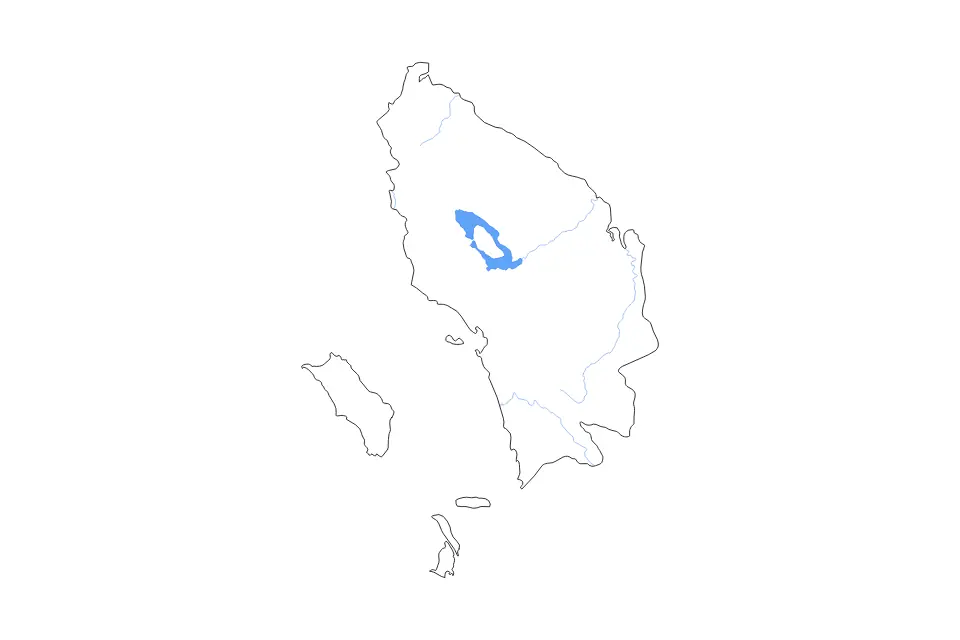 Outline map of North Sumatra, Indonesia with subdivision borders and major lakes and rivers.