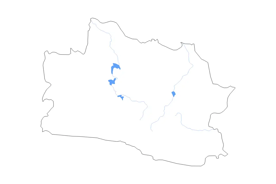 Outline map of West Java, Indonesia with subdivision borders and major lakes and rivers.