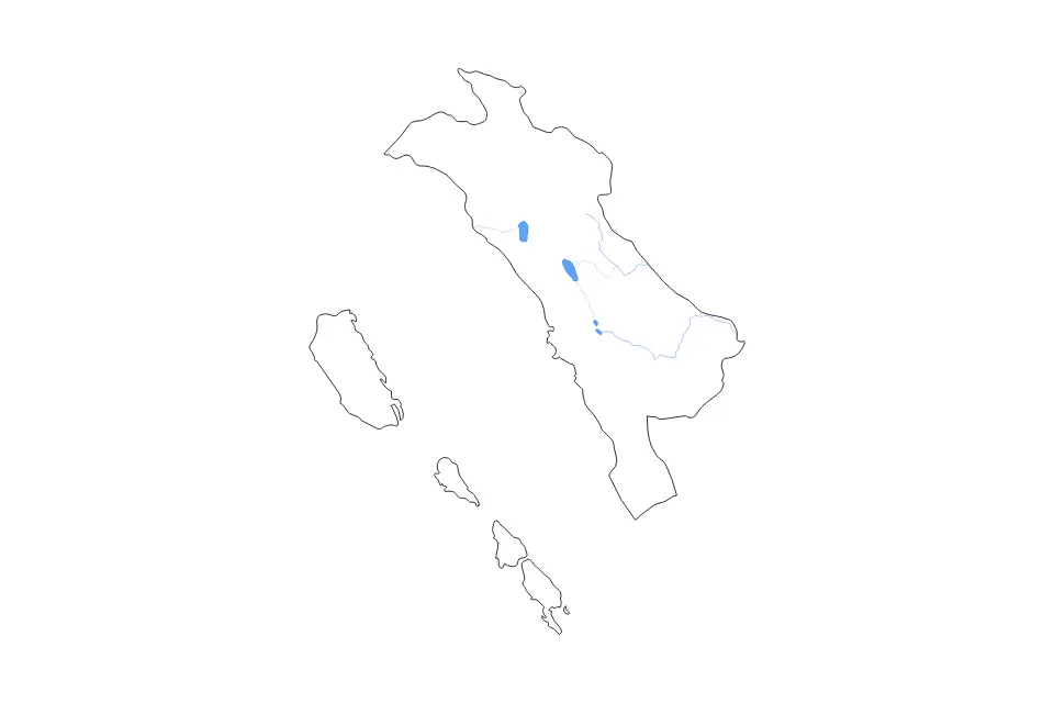 Outline map of West Sumatra, Indonesia with subdivision borders and major lakes and rivers.