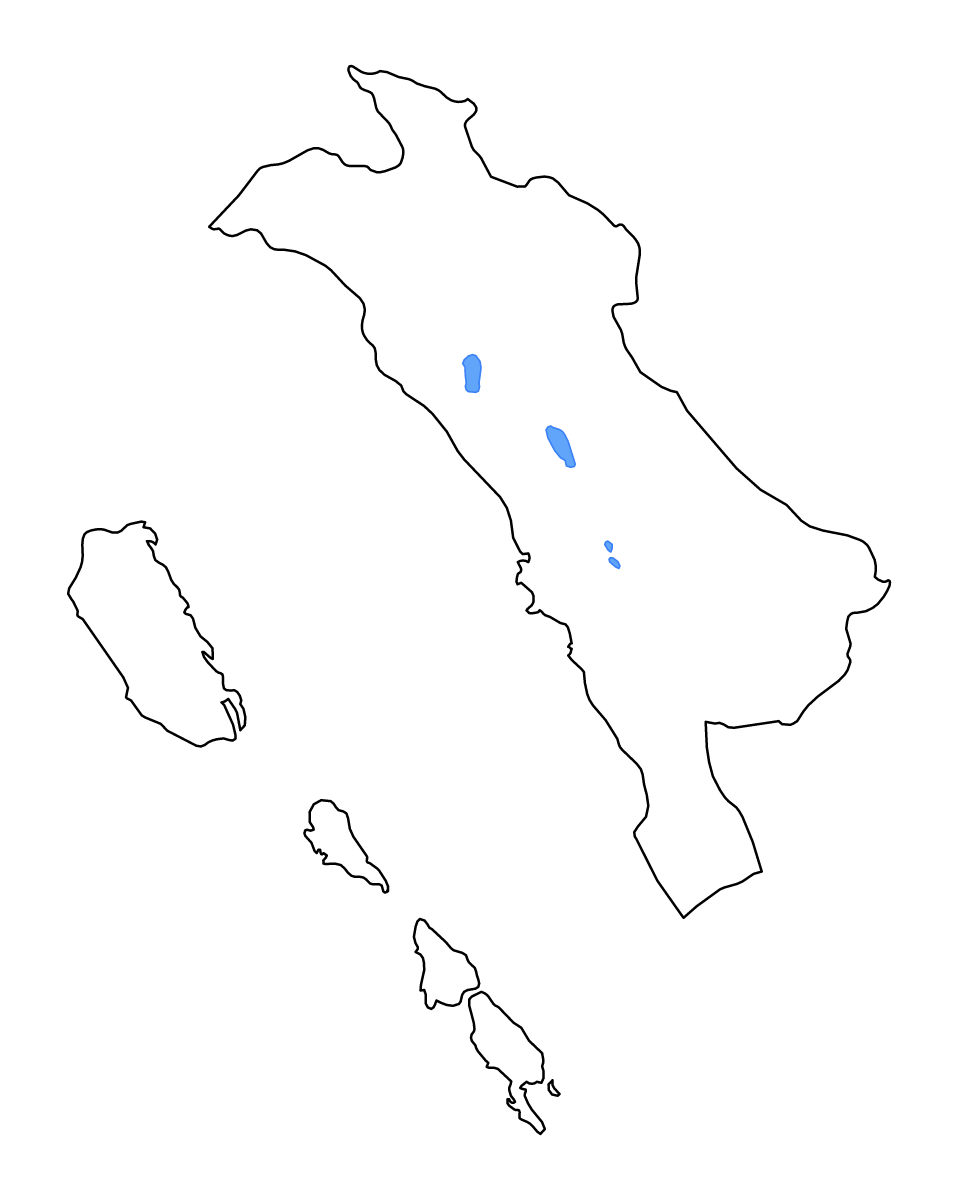 Mapa de contorno de West Sumatra, Indonesia con lagos y ríos.