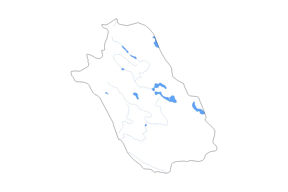 Outline map of Fars, Iran with subdivision borders and major lakes and rivers.