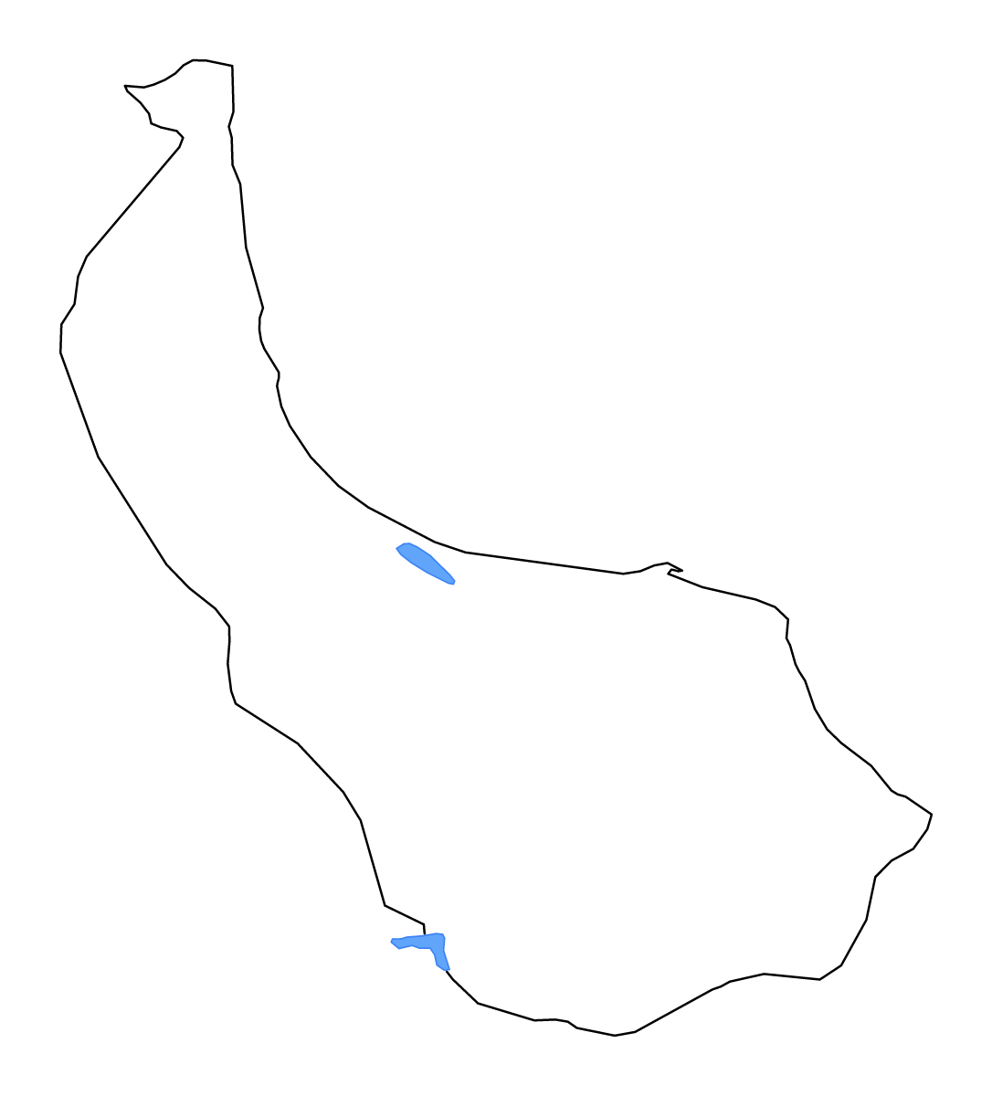Outline map of Gilan, Iran with lakes and rivers.