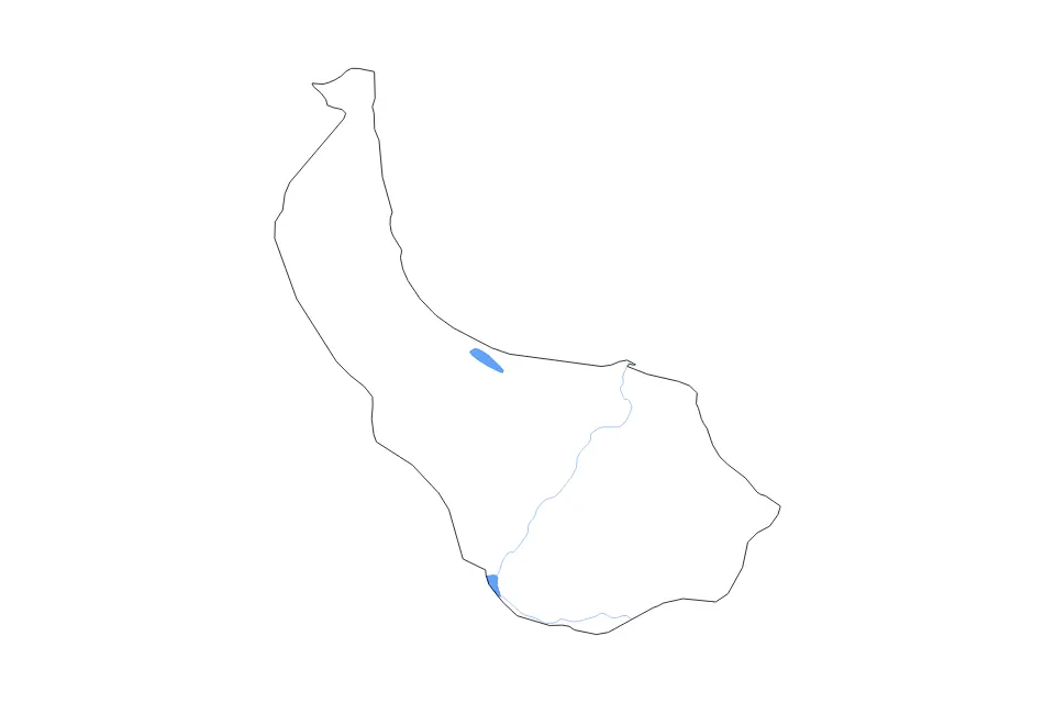 Outline map of Gilan, Iran with subdivision borders and major lakes and rivers.