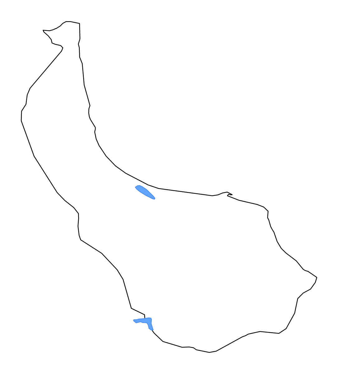 Carte de contour de Gilan, Iran avec lacs et rivières.