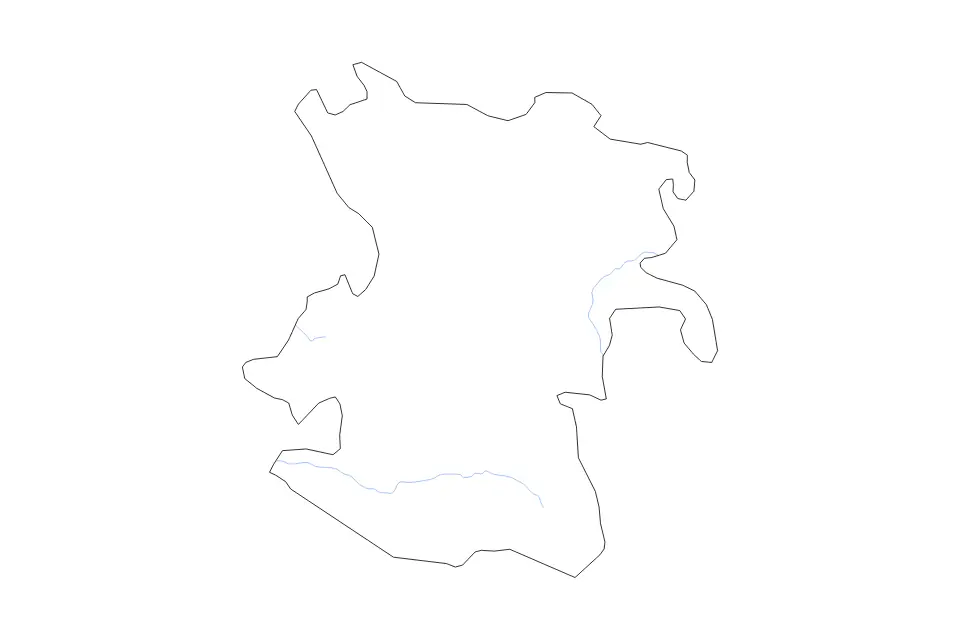 Outline map of Hamadan, Iran with subdivision borders and rivers.