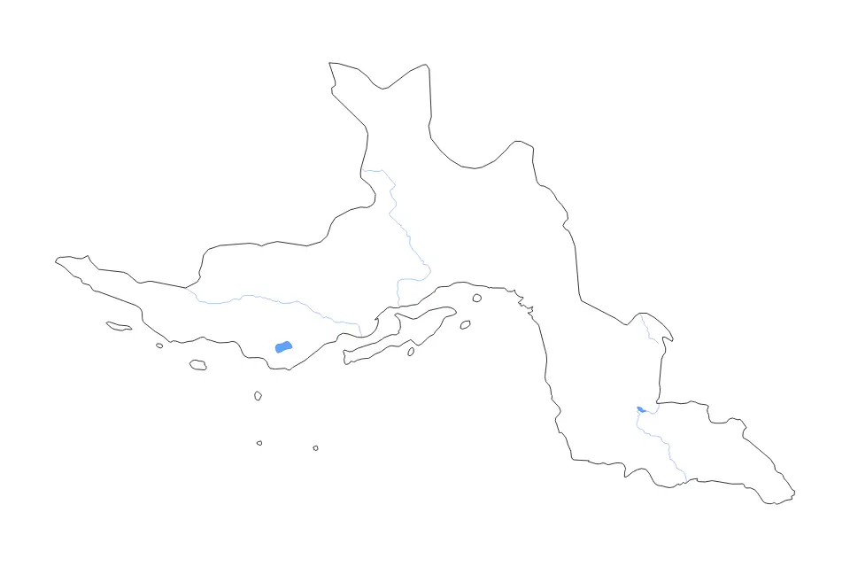 Outline map of Hormozgan, Iran with subdivision borders and major lakes and rivers.