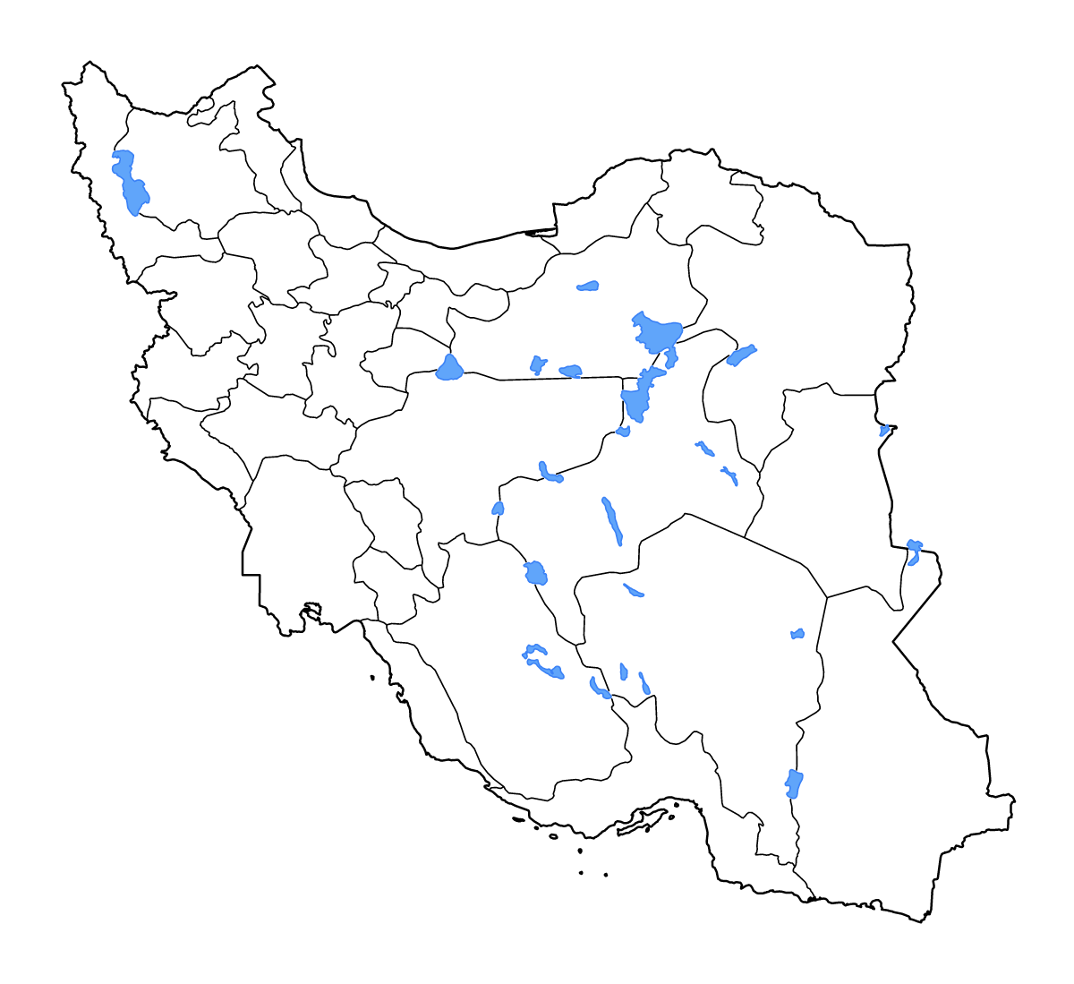 Mapa de contorno de Iran con límites administrativos internos, lagos y ríos.