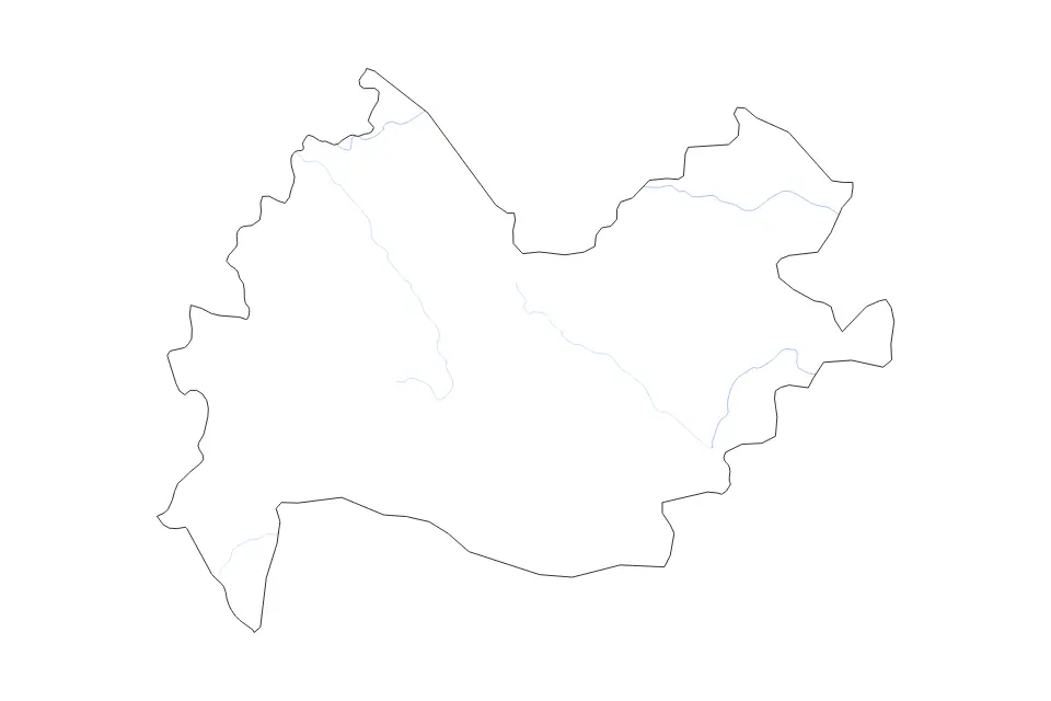 Outline map of Kermanshah, Iran with subdivision borders and rivers.