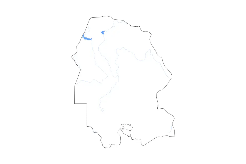 Outline map of Khuzestan, Iran with subdivision borders and major lakes and rivers.