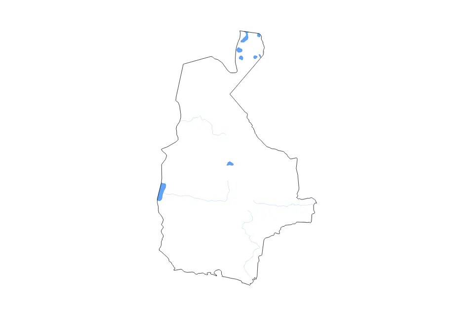 Outline map of Sistan and Baluchestan, Iran with subdivision borders and major lakes and rivers.