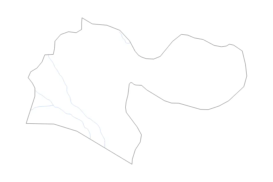 Outline map of Tehran, Iran with subdivision borders and rivers.