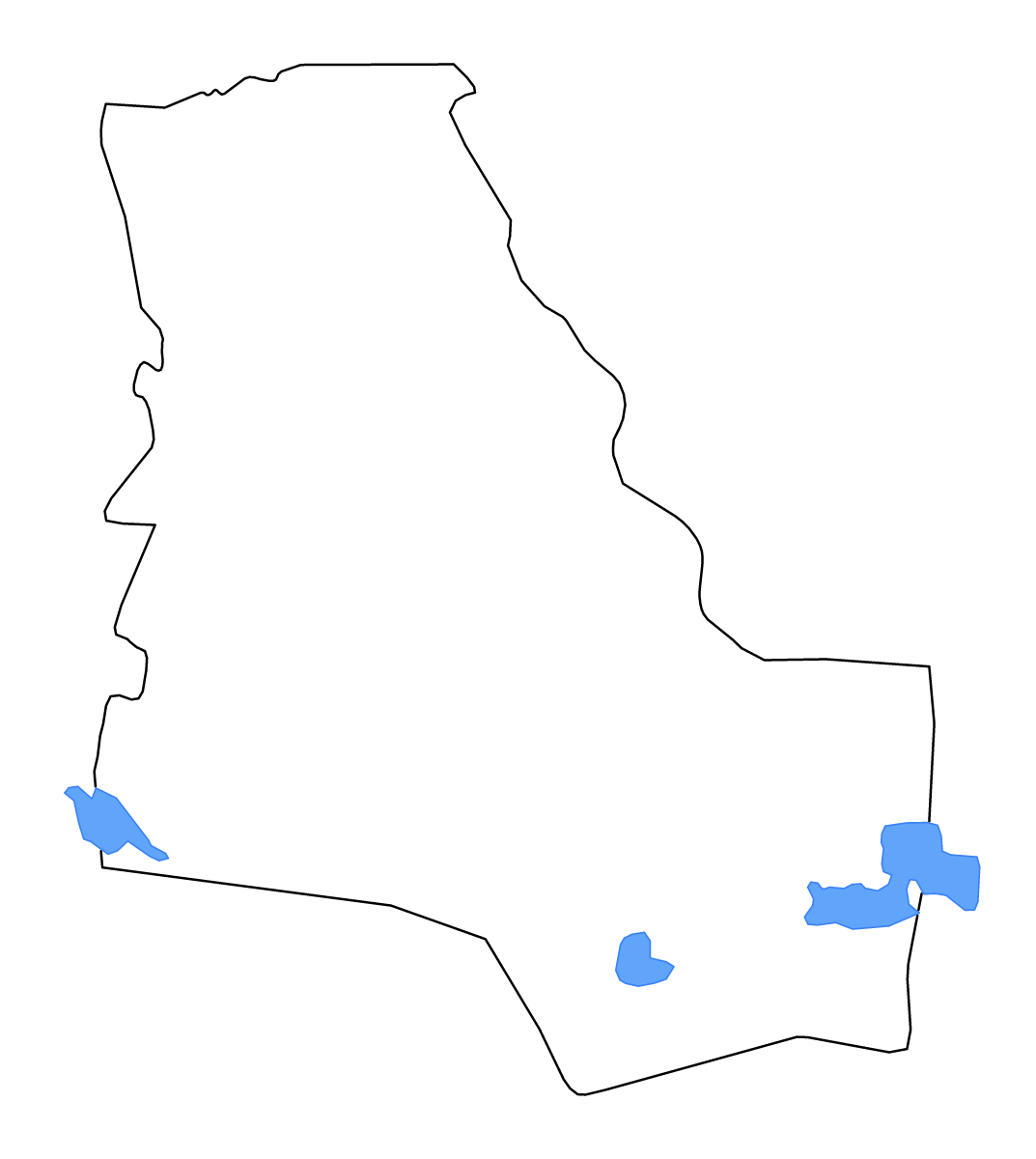 Outline map of Dhi Qar, Iraq with lakes and rivers.