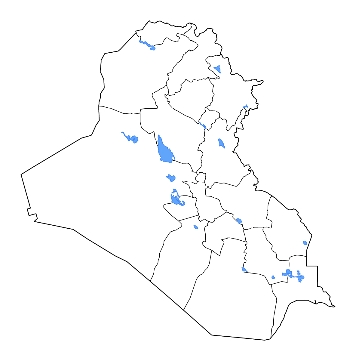 Mapa de contorno de Iraq con límites administrativos internos, lagos y ríos.