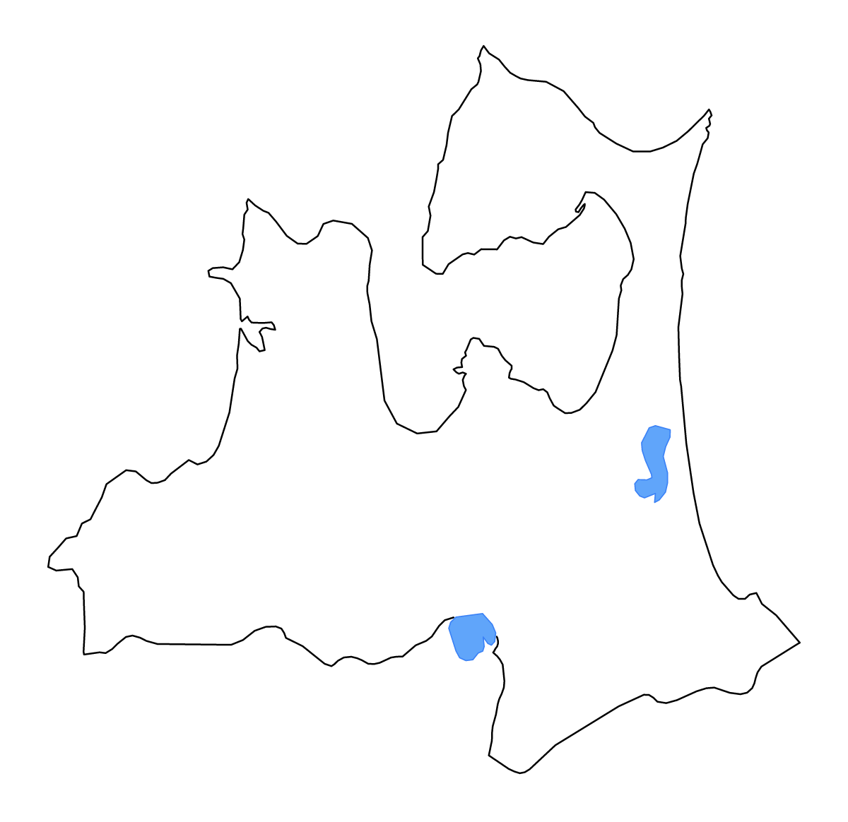 Mapa de contorno de Aomori Prefecture, Japan con lagos y ríos.