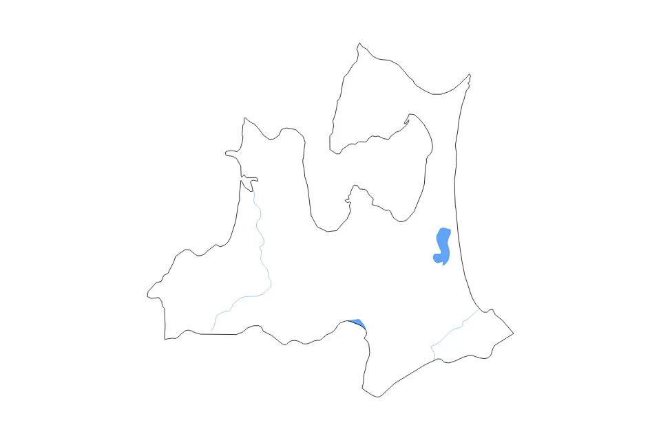 Outline map of Aomori Prefecture, Japan with subdivision borders and major lakes and rivers.