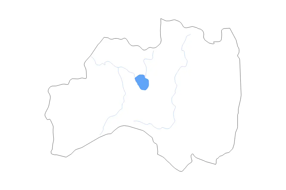 Outline map of Fukushima Prefecture, Japan with subdivision borders and major lakes and rivers.