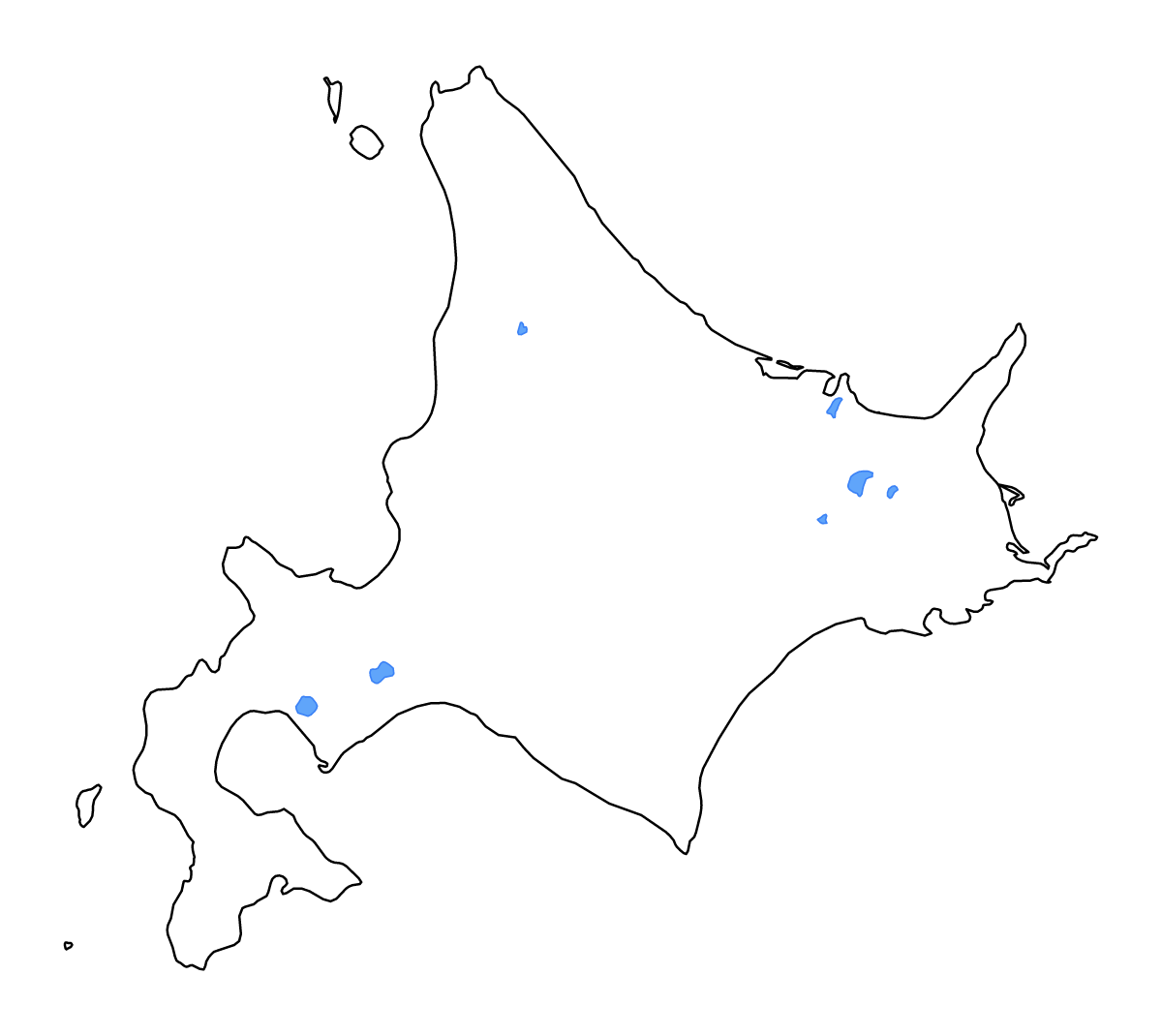 Outline map of Hokkaidō Circuit, Japan with lakes and rivers.