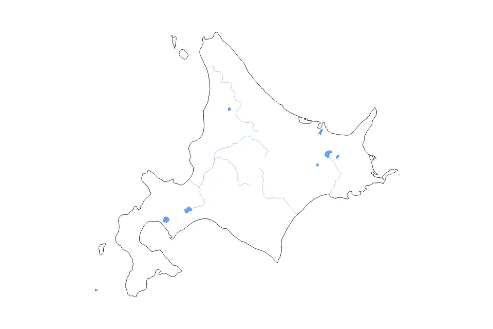 Outline map of Hokkaidō Circuit, Japan with subdivision borders and major lakes and rivers.