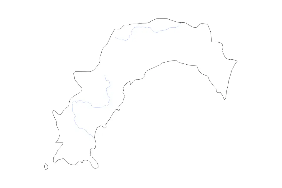 Carte de Kōchi Prefecture, Japan de type contour et rivières pour Asie, montrant contour et rivières avec des limites nettes.