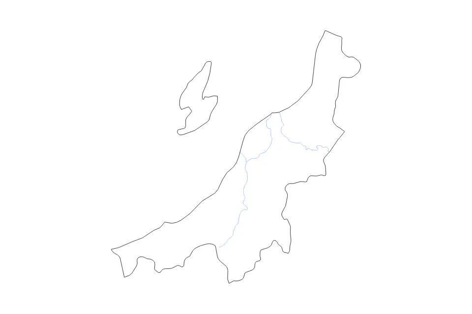 Outline map of Niigata Prefecture, Japan with subdivision borders and rivers.