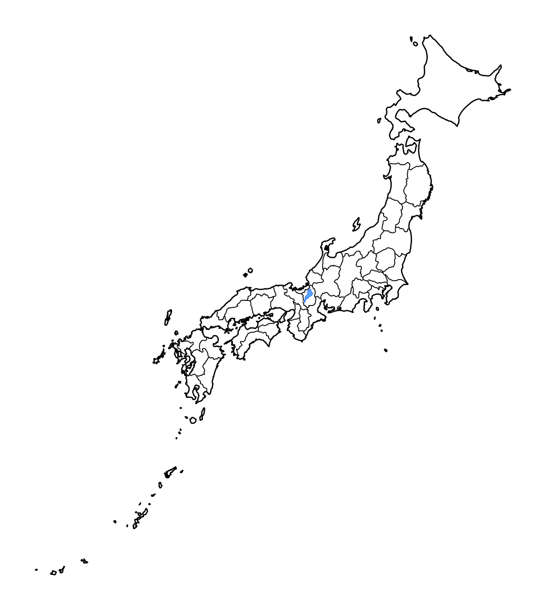 Carte de contour de Japan avec limites administratives internes, lacs et rivières.