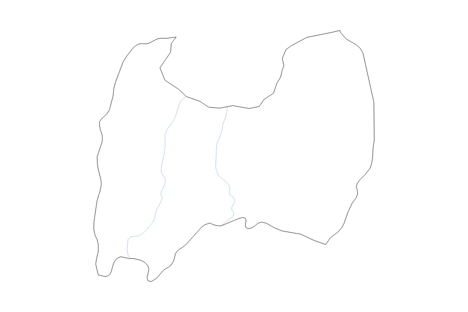 Outline map of Toyama Prefecture, Japan with subdivision borders and rivers.