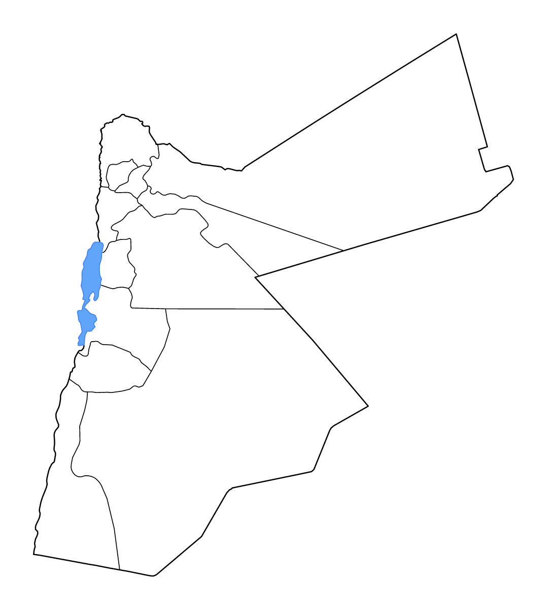 Mapa de contorno de Jordan con límites administrativos internos, lagos y ríos.