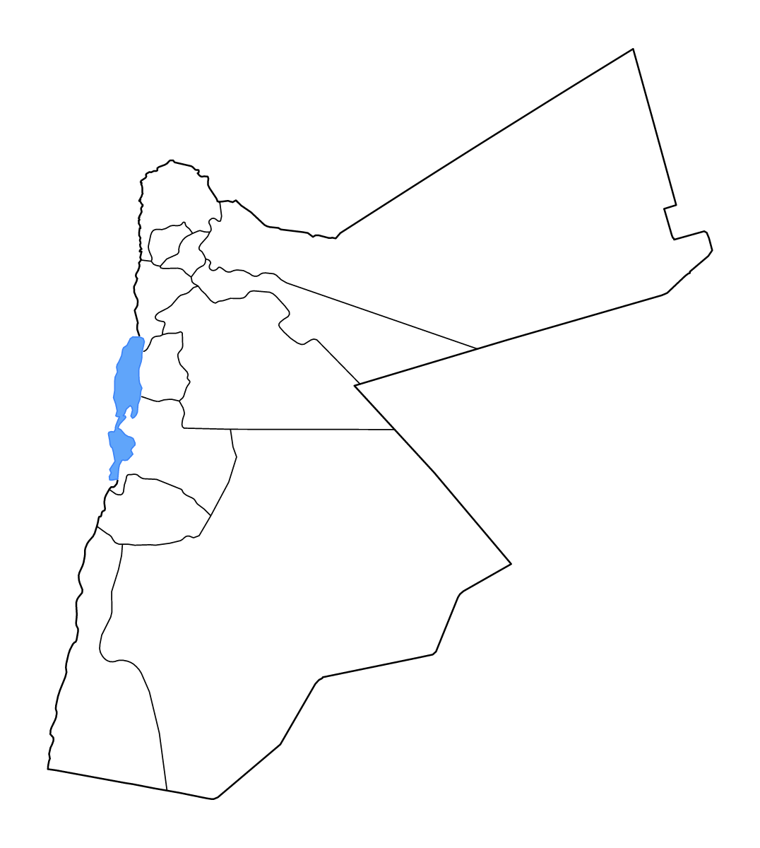 Mapa de contorno de Jordan con límites administrativos internos, lagos y ríos.