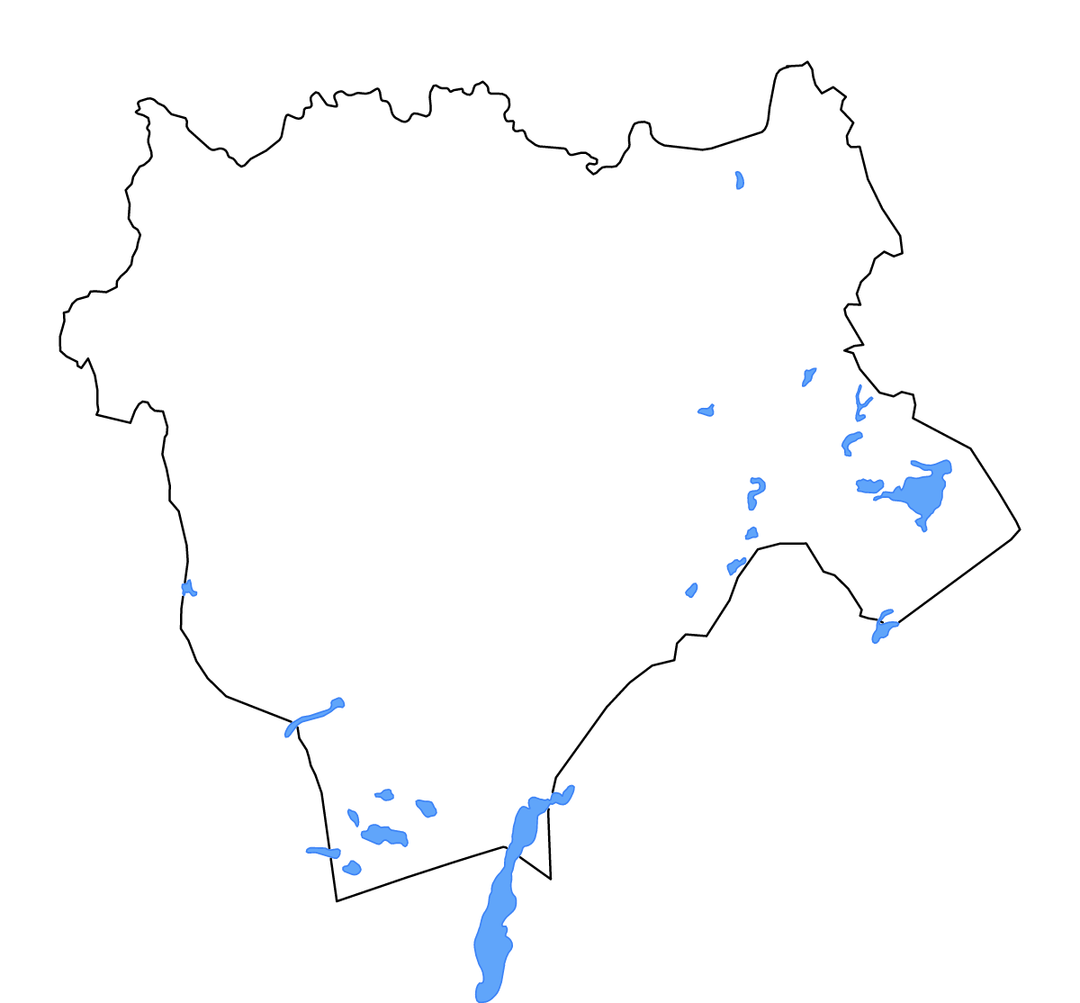 Mapa de contorno de Aktobe, Kazakhstan con lagos y ríos.