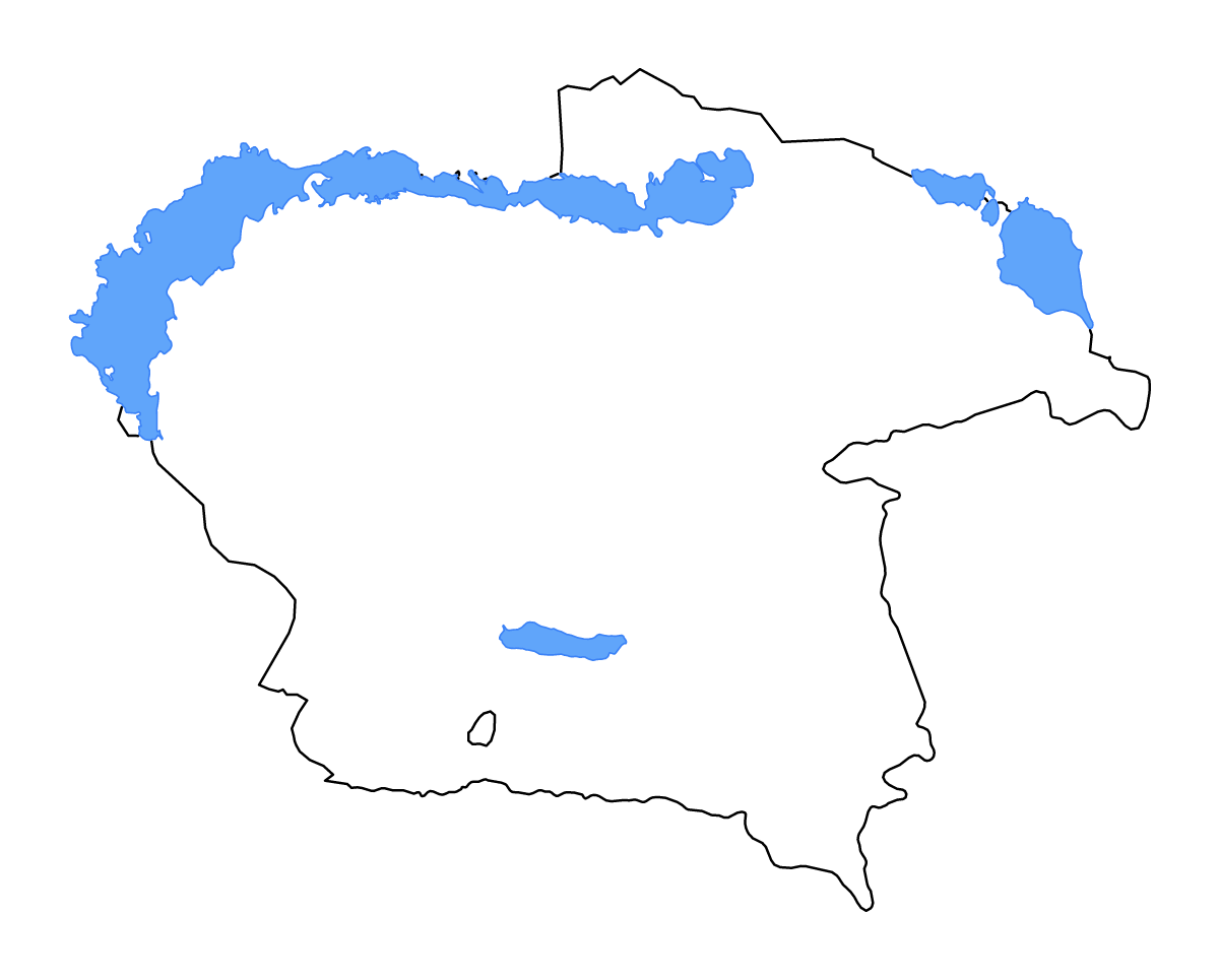 Mapa de contorno de Almaty (región), Kazakhstan con lagos y ríos.