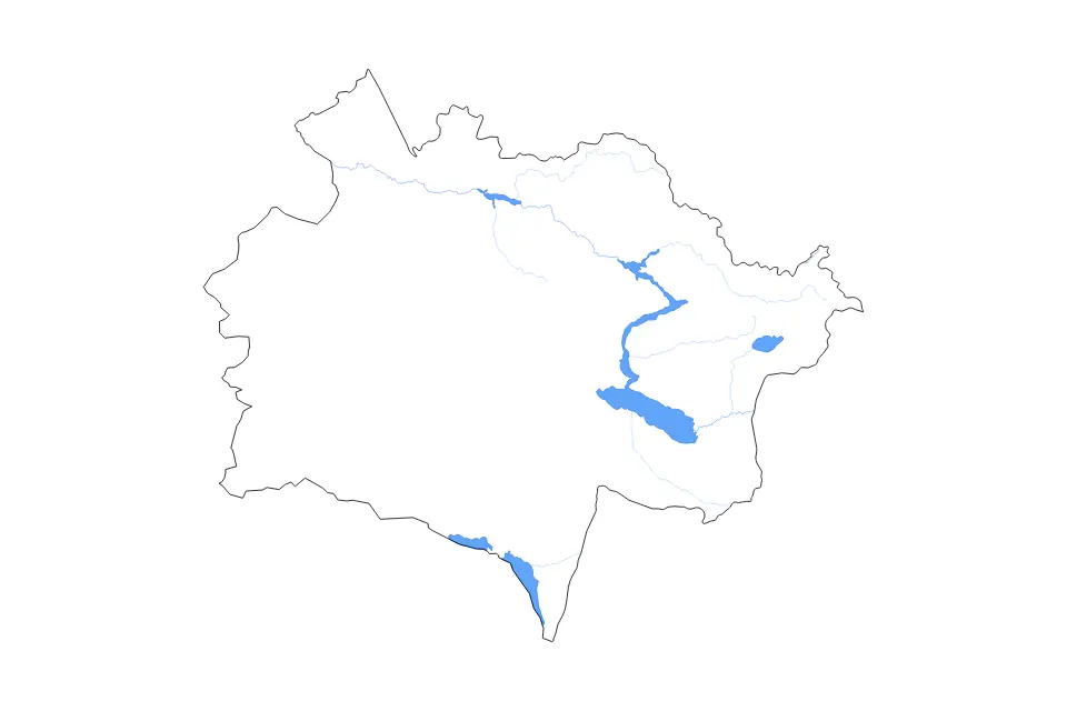 Outline map of East Kazakhstan, Kazakhstan with subdivision borders and major lakes and rivers.