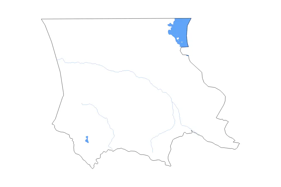 Outline map of Jambyl, Kazakhstan with subdivision borders and major lakes and rivers.