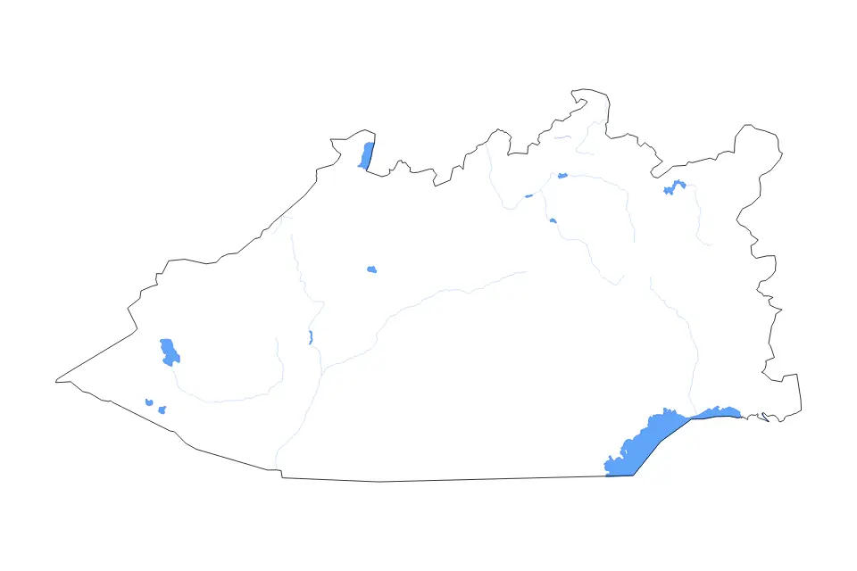 Outline map of Karaganda, Kazakhstan with subdivision borders and major lakes and rivers.