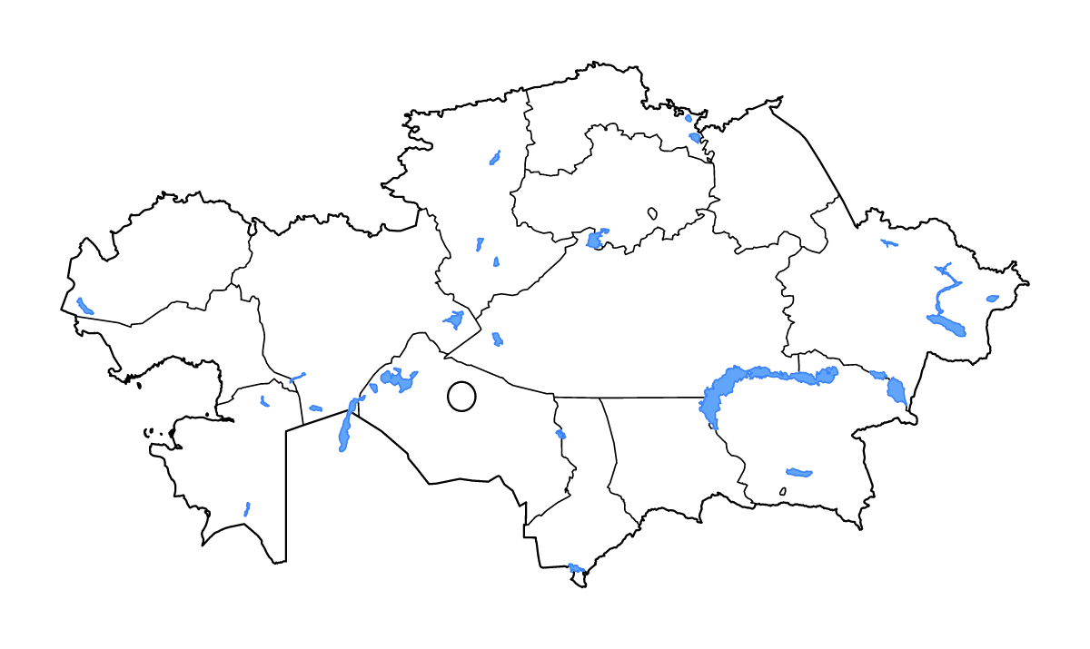 Mapa de contorno de Kazakhstan con límites administrativos internos, lagos y ríos.