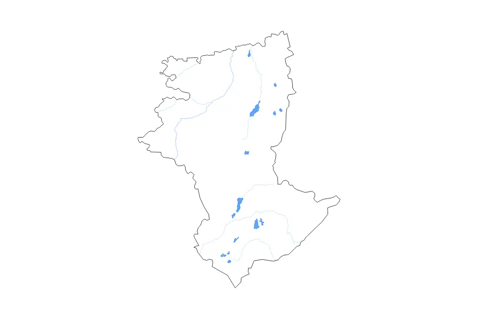 Outline map of Kostanay, Kazakhstan with subdivision borders and major lakes and rivers.
