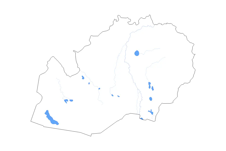 Outline map of West Kazakhstan, Kazakhstan with subdivision borders and major lakes and rivers.