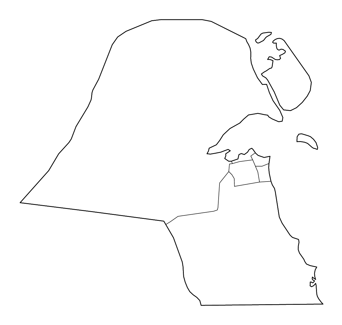 Carte de contour de Kuwait avec limites administratives internes et rivières.