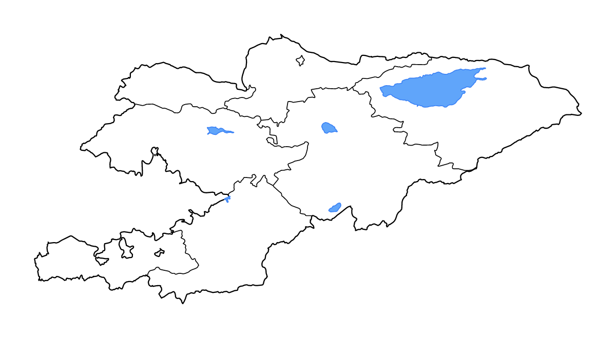 Carte de contour de Kyrgyzstan avec limites administratives internes, lacs et rivières.