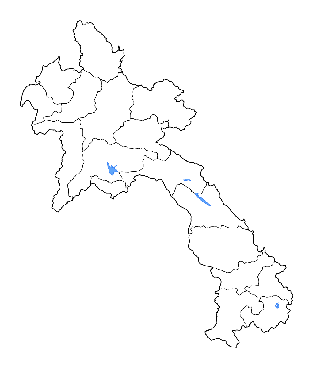 Mapa de contorno de Lao PDR con límites administrativos internos, lagos y ríos.
