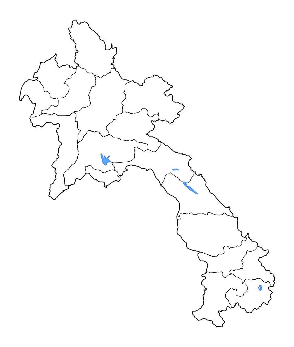 Carte de contour de Lao PDR avec limites administratives internes, lacs et rivières.